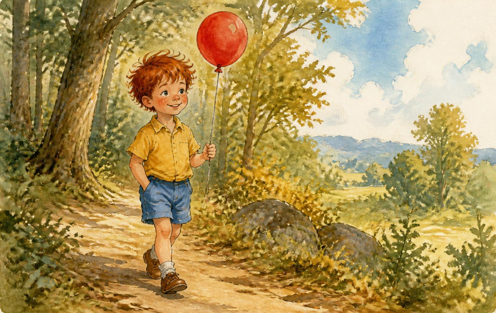 Christopher Robin walking a woodland path with a red balloon